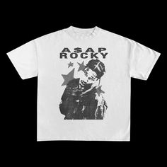 a white t - shirt with the words asar rocky on it and an image of a