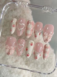 Pink Press On Nails, Bow Nail Art, Fake Nails Designs, Strawberry Design, Cute Simple Nails, Heart Nail, Heart Nail Art, Korean Nails