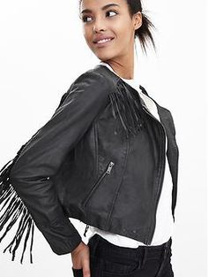 Fringe Leather Moto Jacket | Banana Republic Chic Leather Jacket With Fringe, Chic Leather Jacket With Fringe And Long Sleeves, Black Leather Jacket With Fringe For Spring, Chic Leather Jacket With Fringe For Fall, Chic Long-sleeve Leather Jacket With Fringe, Chic Long Sleeve Leather Jacket With Fringe, Spring Biker Jacket With Fringe, Fall Biker Leather Jacket With Fringe, Spring Fringed Long Sleeve Biker Jacket