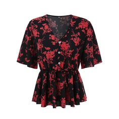 Red Floral Print Ruffle Hem Chiffon Tops Red Chiffon V-neck Blouse, Red Chic Chiffon Blouse, Chic Red Chiffon Blouse, Chic Red Chiffon Top, Elegant Red Chiffon Tops, Summer Red Chiffon Blouse, Summer Chiffon Blouse With Ruffle Hem, Red Floral Print, Peplum Blouse