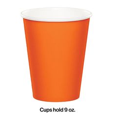 an orange paper cup with white rims is shown on a white background and has no lid