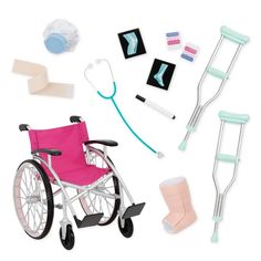 a toy wheelchair with medical supplies on it