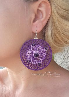 Crochet earrings Purple earrings Crochet hoops Beaded image 6 Handmade Bohemian Yarn Jewelry, Purple Bohemian Crochet Jewelry, Crochet Dangle Jewelry, Handmade Purple Beaded Earrings For Beach, Fantasy Crochet, Purple Colour Shades, Irish Crochet Flowers, Earrings Crochet, Crochet Shoulder Bags