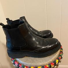 The Cutest Prada Chelsea Boots. Had To Have Thembut Turns Out I’m Not A Size 5. Bought Them In Good Condition..Normal Wear. I Have Only Worn Them Once. Black Brogue Detailed Closed Toe Boots, Black Brogue Boots With Closed Toe, Black Brogue Closed Toe Boots, Prada Chelsea Boots, Vintage Prada, Shoes Vintage, Prada Shoes, Vintage Shoes, The Cutest