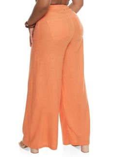 Palazzo Pants, Wide Leg, High Waisted, Solid, Linen, Item Number 1407077219523 Orange Ankle-length Bottoms With Elastic Waistband, Orange Ankle-length Pants With Elastic Waistband, Orange Wide Leg Bottoms With Relaxed Fit, Orange Relaxed Fit Wide Leg Bottoms, Relaxed Fit Wide Leg Orange Bottoms, Orange Wide Leg Beach Pants, Orange High-waisted Bottoms For Vacation, Orange High-waisted Pants For Vacation, Orange Wide-leg Pants With Elastic Waistband