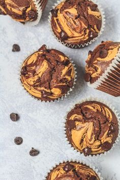 chocolate cupcakes with peanut butter frosting and chocolate chips