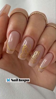 Ombre pink nails with a butterfly in gold detailing, as well as outlined French tip in gold details Butterfly Nail Designs, Gold Acrylic Nails, Butterfly Nail Art, Summery Nails, Prom Nails, Fire Nails