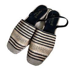 Maypol Woven Sling Back Espadrilles Sandals Black Tan Size 40 Nwot Anthropologie Black Open Toe Slingback Sandals With Woven Sole, Summer Black Slingback Mules, Black Slingback Mules For Summer, Black Wedge Sandals With Rubber Sole For Beach, Black Slingback Sandals For Vacation, Black Slingback Sandals With Rubber Sole For Beach, Black Slingback Sandals For Beach With Rubber Sole, Black Summer Espadrilles With Woven Sole, Casual Espadrille Slingback Sandals