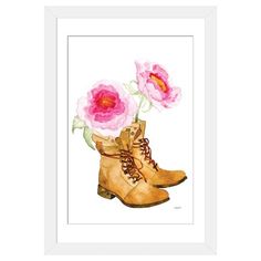 a watercolor painting of a pair of boots with flowers in them