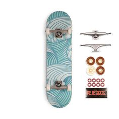 a skateboard with wheels, bolts and screws