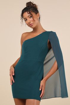 Everyone will be in awe of you when you stride in wearing the Lulus Majestic Energy Teal Green Cape Sleeve One-Shoulder Mini Dress! This elegant little dress has a slightly stretchy, techno crepe knit composition that features a stunning one-shoulder neckline framed by a sheer long cape-style sleeve that continues across the back. A princess-seamed bodice sits atop a figure-skimming bodycon skirt that ends at a cute mini hem. Hidden side zipper/clasp. Fit: This garment fits true to size. Length: Green Cape, Cape Sleeve Dress, Long Cape, Cape Style, Mini Bodycon Dress, Cape Sleeves, Adhesive Bra, Bodycon Skirt, Just Run