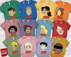 the many faces of cartoon characters on different colored t - shirts with names and numbers