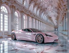 a pink car is parked in the middle of a large room with chandeliers