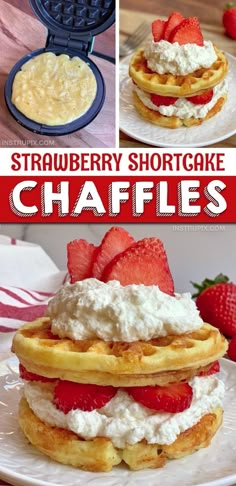 strawberry shortcake waffles with whipped cream and strawberries