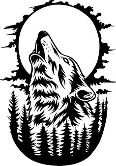 a wolf head with trees and the moon in the background, on a white background