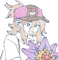 a drawing of a girl with a hat on holding a flower in front of her face