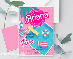 a pink and blue birthday party flyer