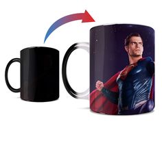 a black coffee mug with the image of superman on it and an arrow pointing towards him