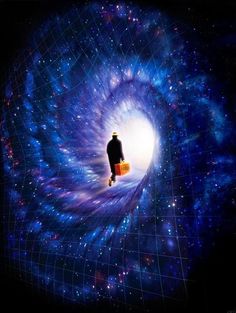 a man standing in the center of a blue spiral with stars around him and an image of