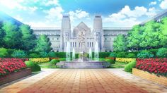 a large white building surrounded by lots of flowers and greenery with a fountain in the middle