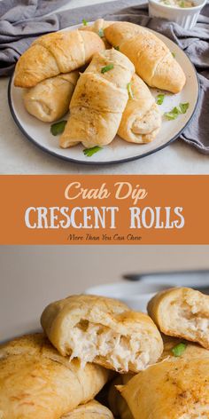 crock dip crescent rolls on a plate with dipping sauce in the background and an image of