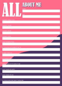 an all about me poster with pink and purple stripes