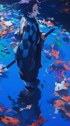 an anime character standing in the water holding a stick and looking at something behind him