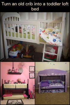 there is a collage of photos with different beds and furniture in it, including a toddler bed