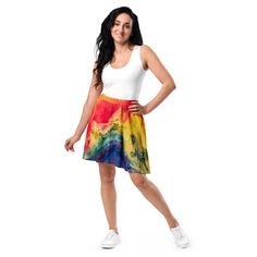 Fit and flare, this stylish skater skirt makes a statement with its bright retro colors and wavy design. Original photograph of bright swirling paint creates a refreshing summer  ready to wear look.  The soft fabric of this skater skirt is just one of the few of the reasons why it's bound to become a favorite in your wardrobe. The flattering silhouette looks great on any body type, and thanks to the elastic waistband, you'll feel extra comfy. The print is a unique photo captured by one of our specialty commissioned artist. Enjoy the style and functionality while bring a special piece of art into your daily life.   This skirt is made especially for you as soon as you place an order, which is why it takes us a bit longer to deliver it to you. Making products on demand instead of in bulk help Summer Refreshments, Retro Color, Summer Ready, Unique Photo, Skater Skirt, Fit And Flare, Soft Fabrics, Looks Great, Womens Skirt