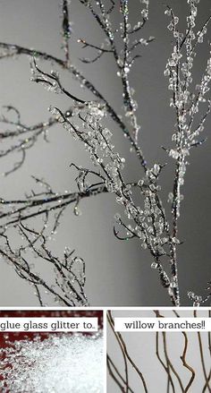 three different photos of branches with snow on them and the words blue glass glitter to willow branch