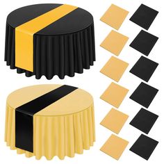 black and yellow table cloths with matching placemats on each side for decoration