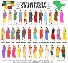 This is a fabulous guide to the traditional clothing of South East Asian women.  There are some really cool exotic looks going on here. India Traditional Dress, भारतीय इतिहास, Dresses By Pattern, Dress Name, Map Vintage, Traditional Indian Dress, Pakistani Wedding Dress, Salwar Kamiz, Fashion Inspiration Board