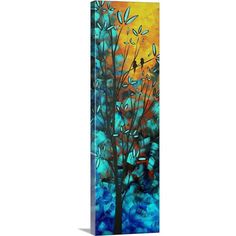 an abstract painting on canvas with blue and orange colors, depicting birds in the trees