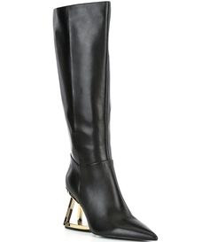 From Gianni Bini&#x2C; the Haizley Leather Architectural Wedge Tall Boots feature:Leather upperPointed toe constructionFull inside zipper closureFabric lining4MM padded memory foam sockSynthetic outsoleMetal architectural wedge heel detailingApprox. 16.4" shaft heightApprox. 14.8" Standard shaft circumferenceApprox. 14" Narrow calf shaft circumferenceApprox. 16.2" Wide calf shaft circumferenceApprox. 3.5" heel height Wide Calf, New York Street, Gianni Bini, Tall Boots, Boot Shoes Women, Wedge Heels, Bootie Boots, Memory Foam, Heel Height