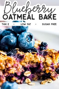 blueberry oatmeal bake on a white plate with text overlay