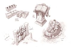 some drawings of different types of furniture and objects in the style of medieval architecture, including an iron gate