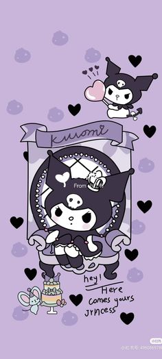 an image of two cartoon animals on a purple background, with hearts around the edges