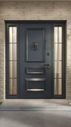 a black front door with two sidelights