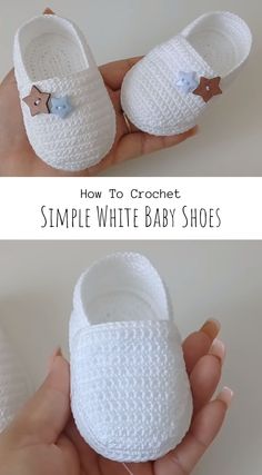 crocheted white baby shoes are being held by someone's hand