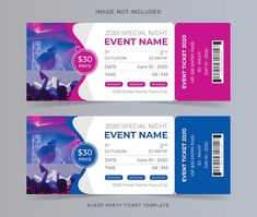 two tickets for an event with purple and blue colors