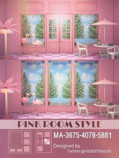 the pink room is decorated with flamingos and palm trees