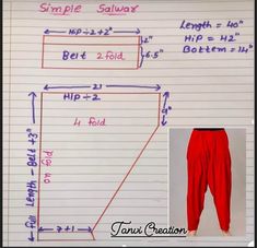 a whiteboard with some writing on it and a drawing of a pair of red pants