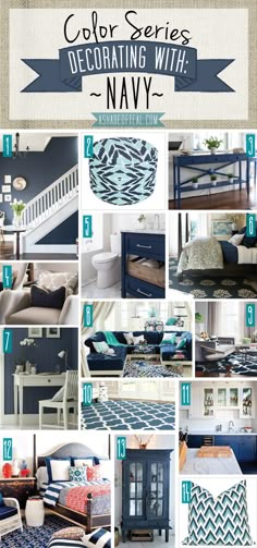 blue and white bedroom decor with text overlay that says color series decorating with navy