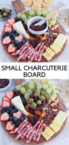 small charcuterie board on a round wooden board with a selection of cured meat, cheese, fruit and nuts. Girls Night Snacks, Girls Night In Food, Cheese Platter Presentation, Charcuterie Gifts, Grazing Board