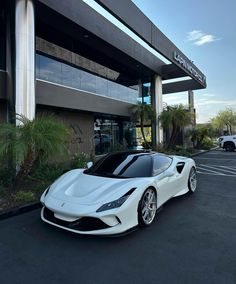 a white sports car parked in front of a building