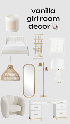 the vanity girl room decor is shown in white and gold, with an accent lamp