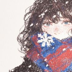 a drawing of a woman with snow flakes on her face and coat over her shoulders