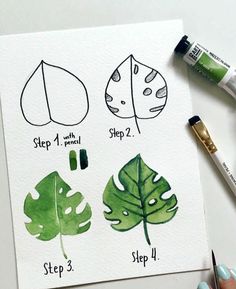 the step by step instructions for how to draw leaves in watercolor and ink on paper