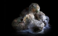 three stuffed animals are piled up together in the dark with snow on their furs