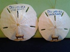 two white sand dollars with words written on them hanging from the side of a wall